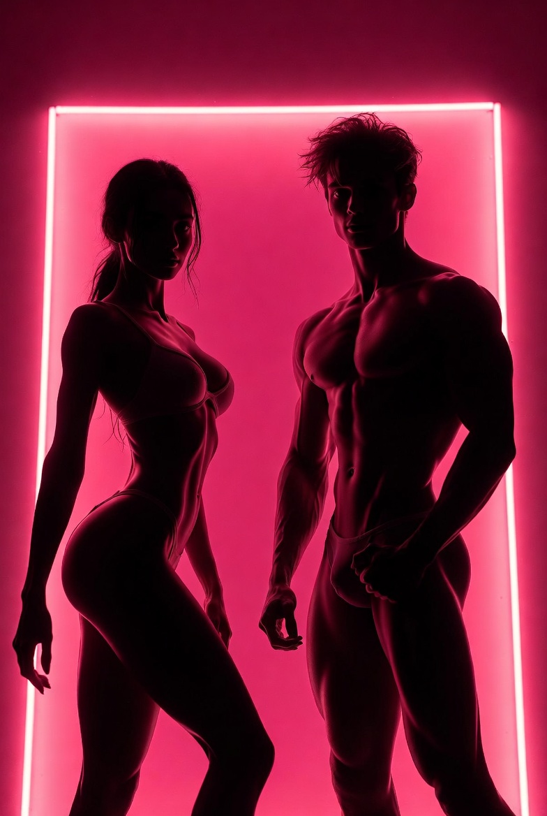 Athletic couple in pink neon light
