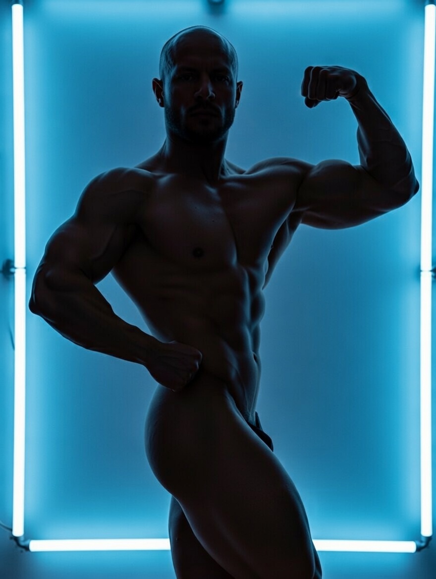 Male athlete under blue lights